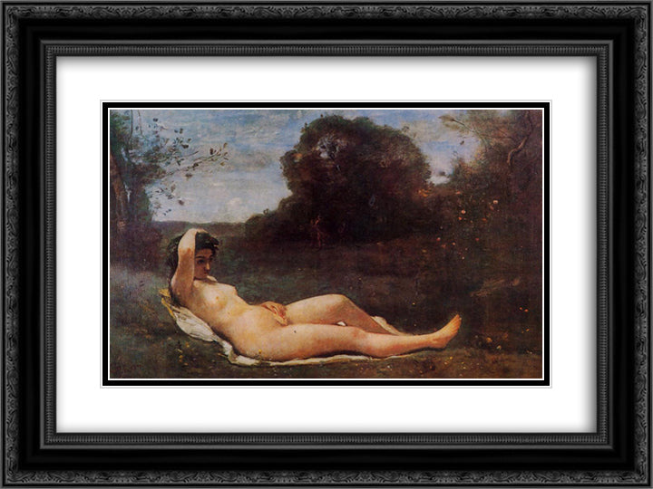 Reclining Nymph 24x18 Black Ornate Wood Framed Art Print Poster with Double Matting by Corot, Jean Baptiste Camille