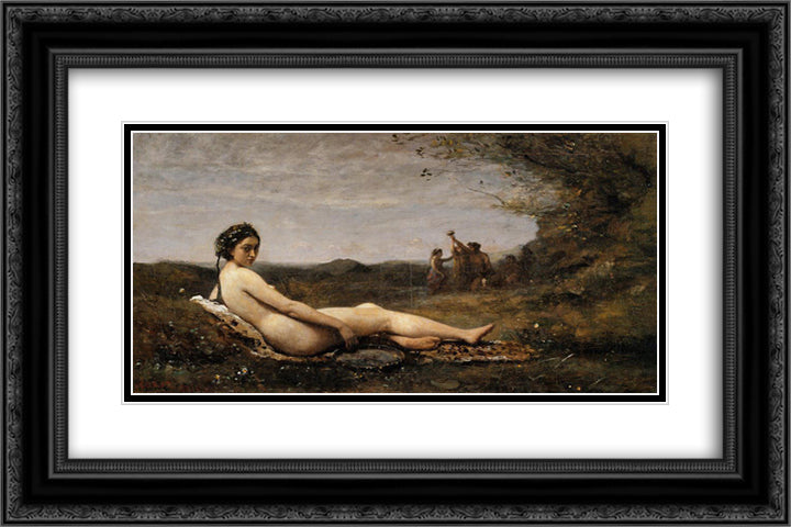 Repose 24x16 Black Ornate Wood Framed Art Print Poster with Double Matting by Corot, Jean Baptiste Camille