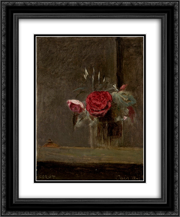 Roses in a Glass 20x24 Black Ornate Wood Framed Art Print Poster with Double Matting by Corot, Jean Baptiste Camille