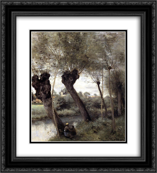 Saint Nicholas les Arras, Willows on the Banks of the Scarpe 20x22 Black Ornate Wood Framed Art Print Poster with Double Matting by Corot, Jean Baptiste Camille