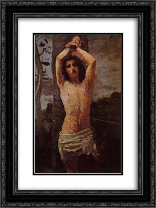 Saint Sebastian 18x24 Black Ornate Wood Framed Art Print Poster with Double Matting by Corot, Jean Baptiste Camille