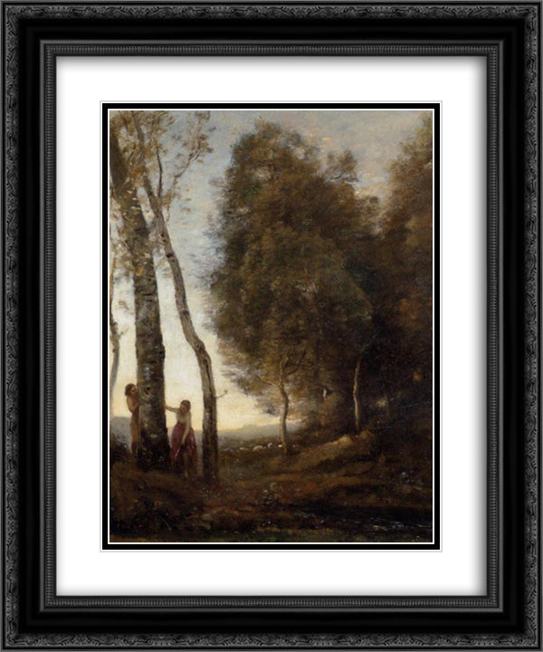 Shepherd and Shepherdess at Play 20x24 Black Ornate Wood Framed Art Print Poster with Double Matting by Corot, Jean Baptiste Camille