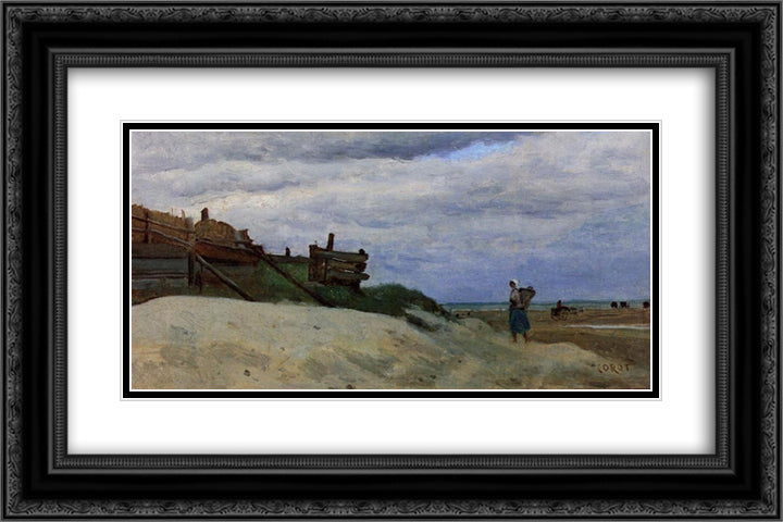 The Beach at Dunkirk 24x16 Black Ornate Wood Framed Art Print Poster with Double Matting by Corot, Jean Baptiste Camille