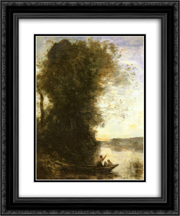 The Boatman Left the Bank with a Woman and a Child Sitting in his Boat, Sunset 20x24 Black Ornate Wood Framed Art Print Poster with Double Matting by Corot, Jean Baptiste Camille
