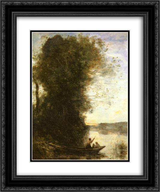 The Boatman Left the Bank with a Woman and a Child Sitting in his Boat, Sunset 20x24 Black Ornate Wood Framed Art Print Poster with Double Matting by Corot, Jean Baptiste Camille