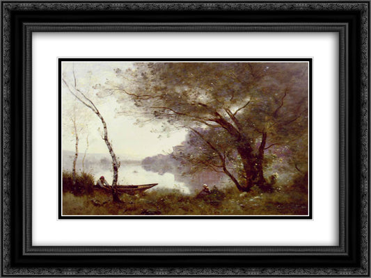 The Boatman of Mortefontaine 24x18 Black Ornate Wood Framed Art Print Poster with Double Matting by Corot, Jean Baptiste Camille