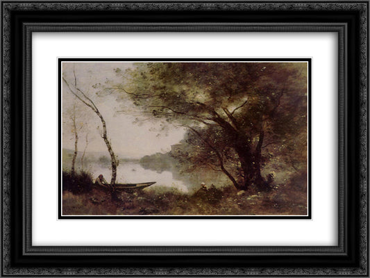 The Boatmen of Mortefontaine 24x18 Black Ornate Wood Framed Art Print Poster with Double Matting by Corot, Jean Baptiste Camille