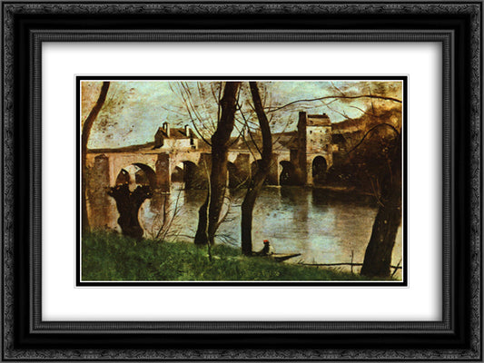 The Bridge at Nantes 24x18 Black Ornate Wood Framed Art Print Poster with Double Matting by Corot, Jean Baptiste Camille