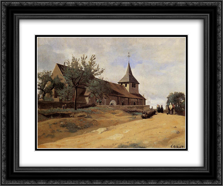 The Church at Lormes 24x20 Black Ornate Wood Framed Art Print Poster with Double Matting by Corot, Jean Baptiste Camille