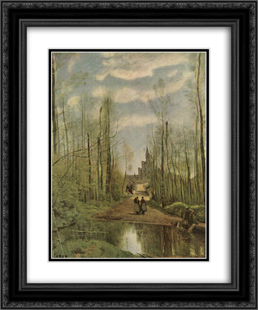The Church at Marissel 20x24 Black Ornate Wood Framed Art Print Poster with Double Matting by Corot, Jean Baptiste Camille