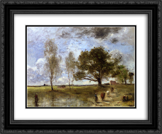The Cow Path 24x20 Black Ornate Wood Framed Art Print Poster with Double Matting by Corot, Jean Baptiste Camille