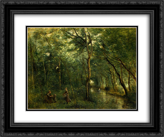 The Eel Gatherers 24x20 Black Ornate Wood Framed Art Print Poster with Double Matting by Corot, Jean Baptiste Camille