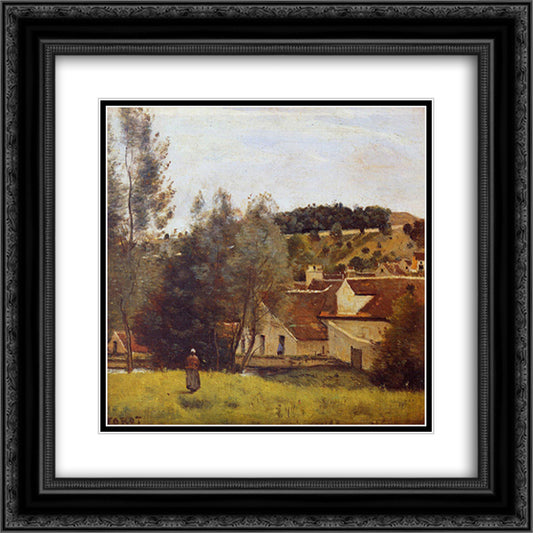 The Evaux Mill at Chiery, near Chateau Thierry 20x20 Black Ornate Wood Framed Art Print Poster with Double Matting by Corot, Jean Baptiste Camille