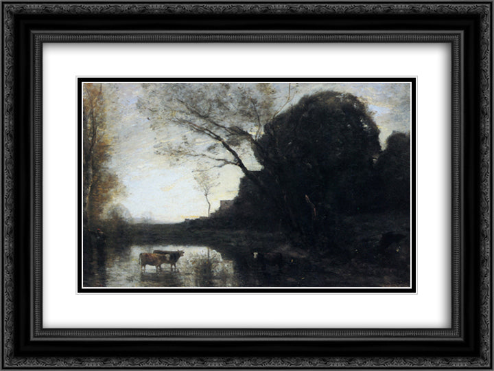 The Ford under the Bended Tree 24x18 Black Ornate Wood Framed Art Print Poster with Double Matting by Corot, Jean Baptiste Camille
