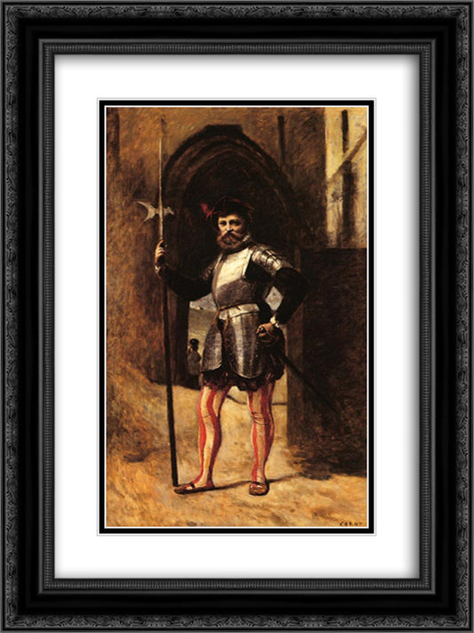The Halberdsman 18x24 Black Ornate Wood Framed Art Print Poster with Double Matting by Corot, Jean Baptiste Camille