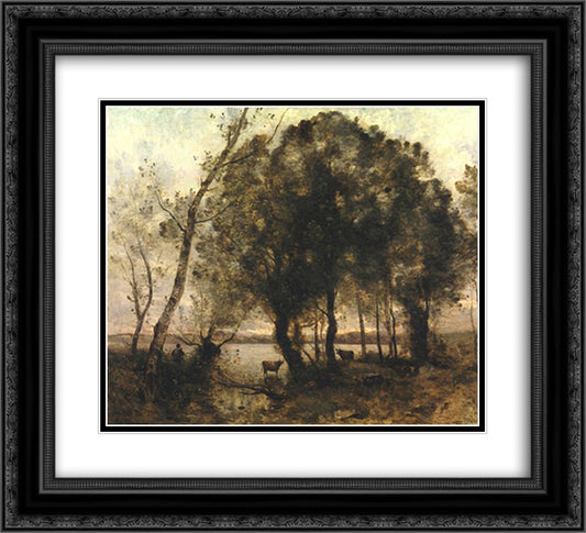 The Lake 22x20 Black Ornate Wood Framed Art Print Poster with Double Matting by Corot, Jean Baptiste Camille
