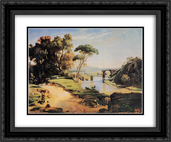 The Pont de Narni 24x20 Black Ornate Wood Framed Art Print Poster with Double Matting by Corot, Jean Baptiste Camille