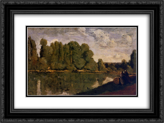 The Rhone Three Women on the Riverbank Seated on a Tree Trunk 24x18 Black Ornate Wood Framed Art Print Poster with Double Matting by Corot, Jean Baptiste Camille