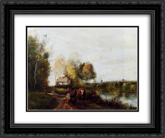 The Road at the River Bank 24x20 Black Ornate Wood Framed Art Print Poster with Double Matting by Corot, Jean Baptiste Camille