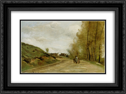 The Road in Gouvieux 24x18 Black Ornate Wood Framed Art Print Poster with Double Matting by Corot, Jean Baptiste Camille