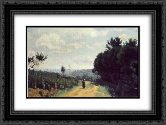 The Severes Hills Le Chemin Troyon 24x18 Black Ornate Wood Framed Art Print Poster with Double Matting by Corot, Jean Baptiste Camille