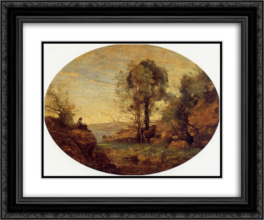 The shepherd overlooking the rocky gorge 24x20 Black Ornate Wood Framed Art Print Poster with Double Matting by Corot, Jean Baptiste Camille