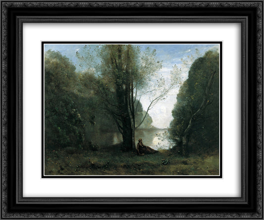 The Solitude. Recollection of Vigen, Limousin 24x20 Black Ornate Wood Framed Art Print Poster with Double Matting by Corot, Jean Baptiste Camille
