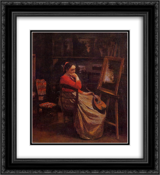 The Studio (Young Woman with a Mandolin) 20x22 Black Ornate Wood Framed Art Print Poster with Double Matting by Corot, Jean Baptiste Camille