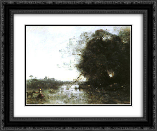 The Swamp near the Big Tree and a Shepherdess 24x20 Black Ornate Wood Framed Art Print Poster with Double Matting by Corot, Jean Baptiste Camille