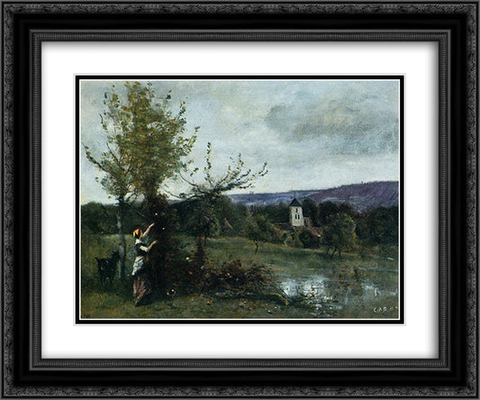 The Verdant Bank 24x20 Black Ornate Wood Framed Art Print Poster with Double Matting by Corot, Jean Baptiste Camille