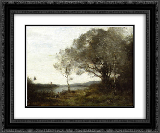 The Walk around the Pond 24x20 Black Ornate Wood Framed Art Print Poster with Double Matting by Corot, Jean Baptiste Camille