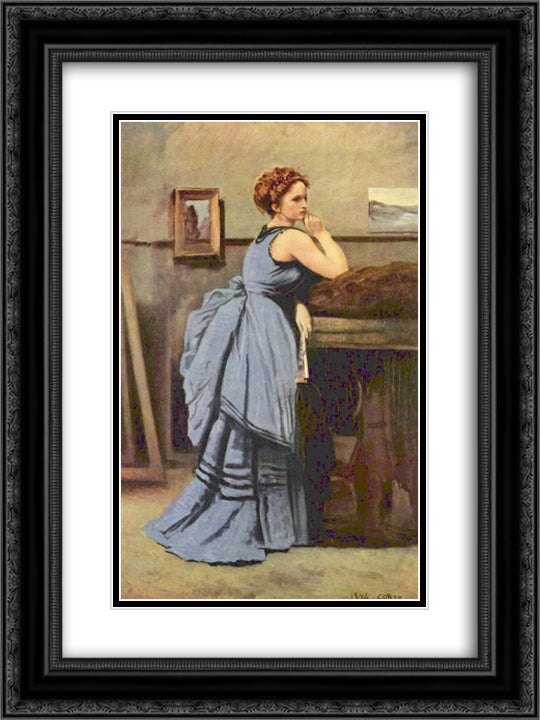The Woman in Blue 18x24 Black Ornate Wood Framed Art Print Poster with Double Matting by Corot, Jean Baptiste Camille