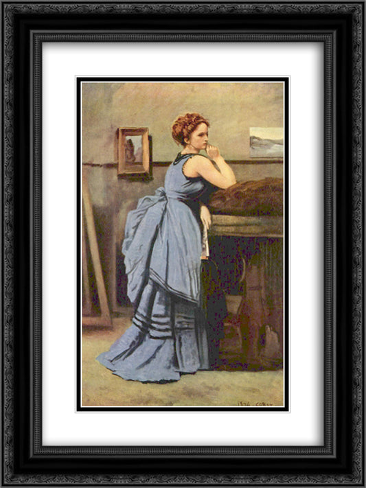 The Woman in Blue 18x24 Black Ornate Wood Framed Art Print Poster with Double Matting by Corot, Jean Baptiste Camille