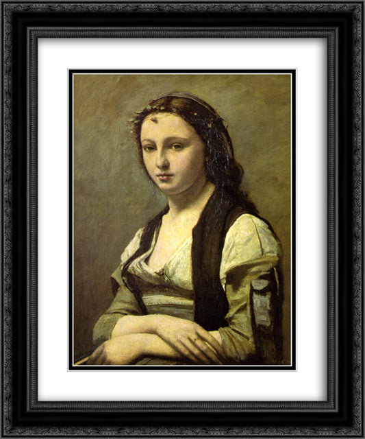 The Woman with a Pearl 20x24 Black Ornate Wood Framed Art Print Poster with Double Matting by Corot, Jean Baptiste Camille