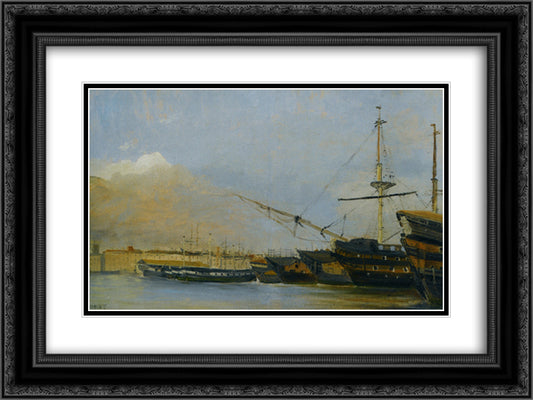 Toulon Battleships Dismantled 24x18 Black Ornate Wood Framed Art Print Poster with Double Matting by Corot, Jean Baptiste Camille