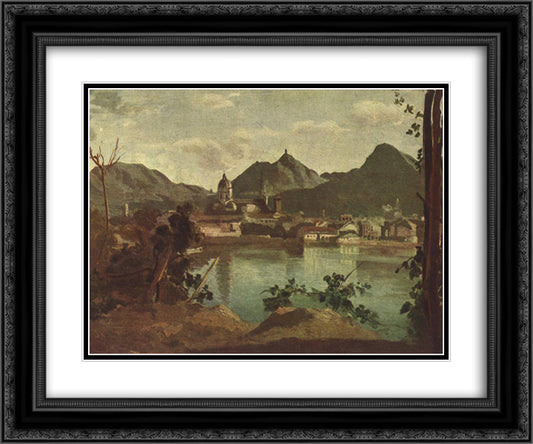 Town and Lake Como 24x20 Black Ornate Wood Framed Art Print Poster with Double Matting by Corot, Jean Baptiste Camille