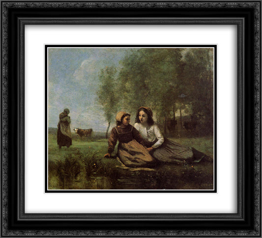 Two Cowherds in a Meadow by the Water 22x20 Black Ornate Wood Framed Art Print Poster with Double Matting by Corot, Jean Baptiste Camille