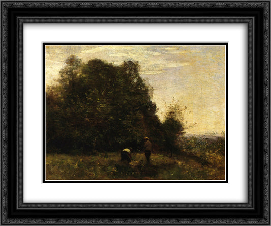 Two Figures Working in the Fields 24x20 Black Ornate Wood Framed Art Print Poster with Double Matting by Corot, Jean Baptiste Camille