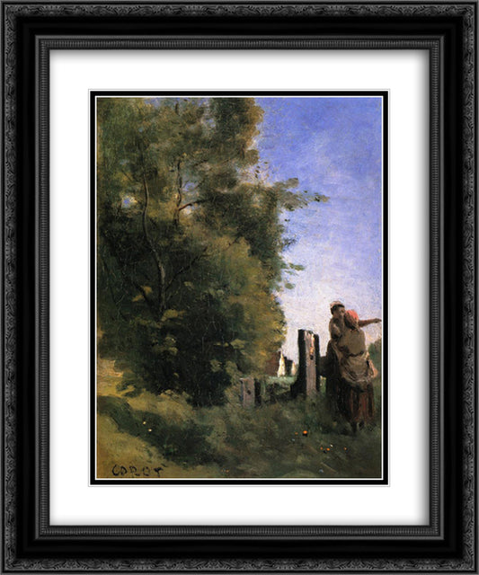 Two Women Talking by a Gate 20x24 Black Ornate Wood Framed Art Print Poster with Double Matting by Corot, Jean Baptiste Camille