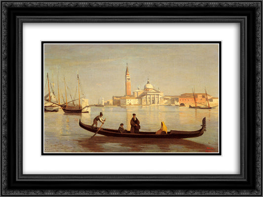 Venice Gondola on Grand Canal 24x18 Black Ornate Wood Framed Art Print Poster with Double Matting by Corot, Jean Baptiste Camille