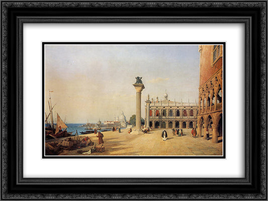 Venice View of the Esclavons Quay 24x18 Black Ornate Wood Framed Art Print Poster with Double Matting by Corot, Jean Baptiste Camille