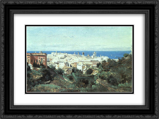 View of Genoa 24x18 Black Ornate Wood Framed Art Print Poster with Double Matting by Corot, Jean Baptiste Camille