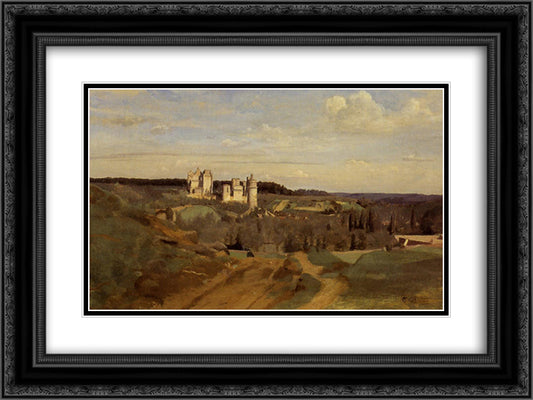 View of Pierrefonds 24x18 Black Ornate Wood Framed Art Print Poster with Double Matting by Corot, Jean Baptiste Camille