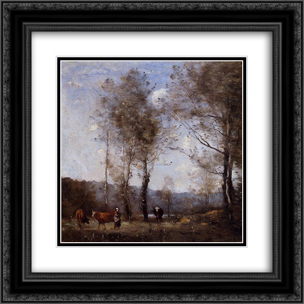 Ville d'Avray, Cowherd in a Clearing near a Pond 20x20 Black Ornate Wood Framed Art Print Poster with Double Matting by Corot, Jean Baptiste Camille