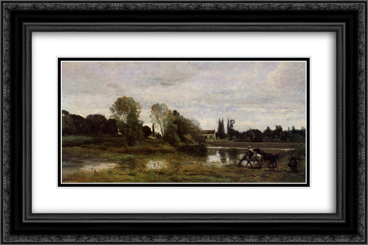 Ville d'Avray, Horses Watering 24x16 Black Ornate Wood Framed Art Print Poster with Double Matting by Corot, Jean Baptiste Camille