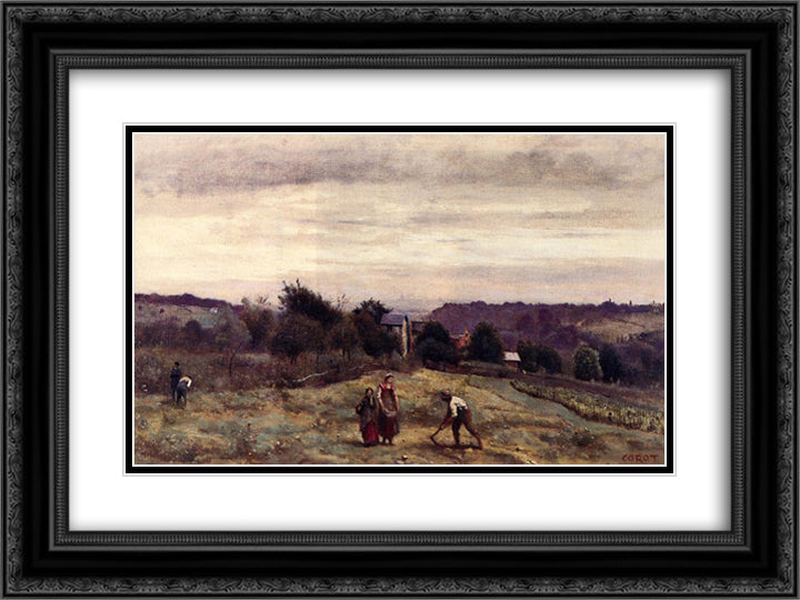 Ville d'Avray the Heights Peasants Working in a Field 24x18 Black Ornate Wood Framed Art Print Poster with Double Matting by Corot, Jean Baptiste Camille