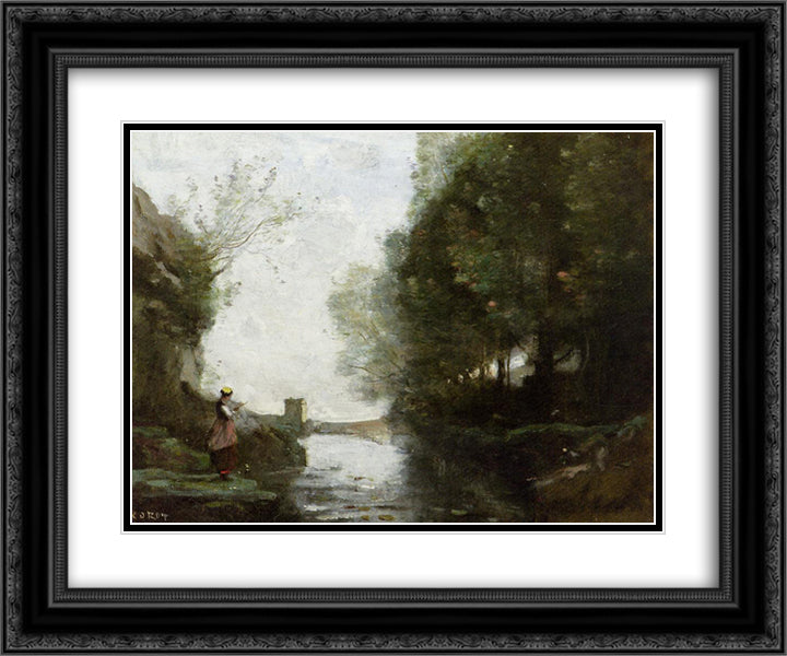 Watercourse leading to the Square Tower 24x20 Black Ornate Wood Framed Art Print Poster with Double Matting by Corot, Jean Baptiste Camille
