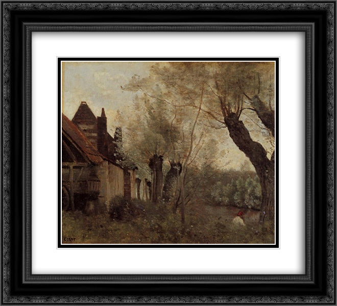 Willows and Farmhouses at Saint Catherine les Arras 22x20 Black Ornate Wood Framed Art Print Poster with Double Matting by Corot, Jean Baptiste Camille