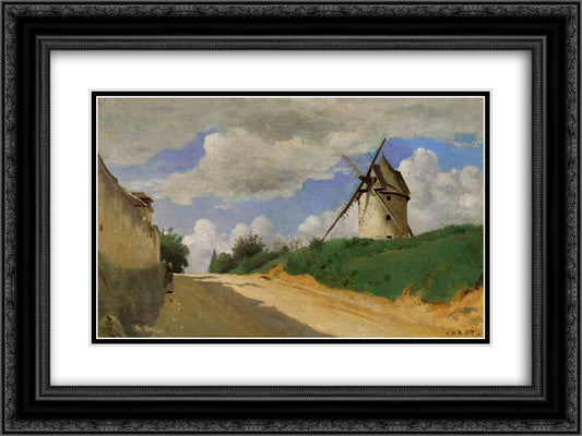 Windmill on the Cote de Picardie, near Versailles 24x18 Black Ornate Wood Framed Art Print Poster with Double Matting by Corot, Jean Baptiste Camille