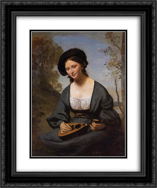 Woman in a Toque with a Mandolin 20x24 Black Ornate Wood Framed Art Print Poster with Double Matting by Corot, Jean Baptiste Camille